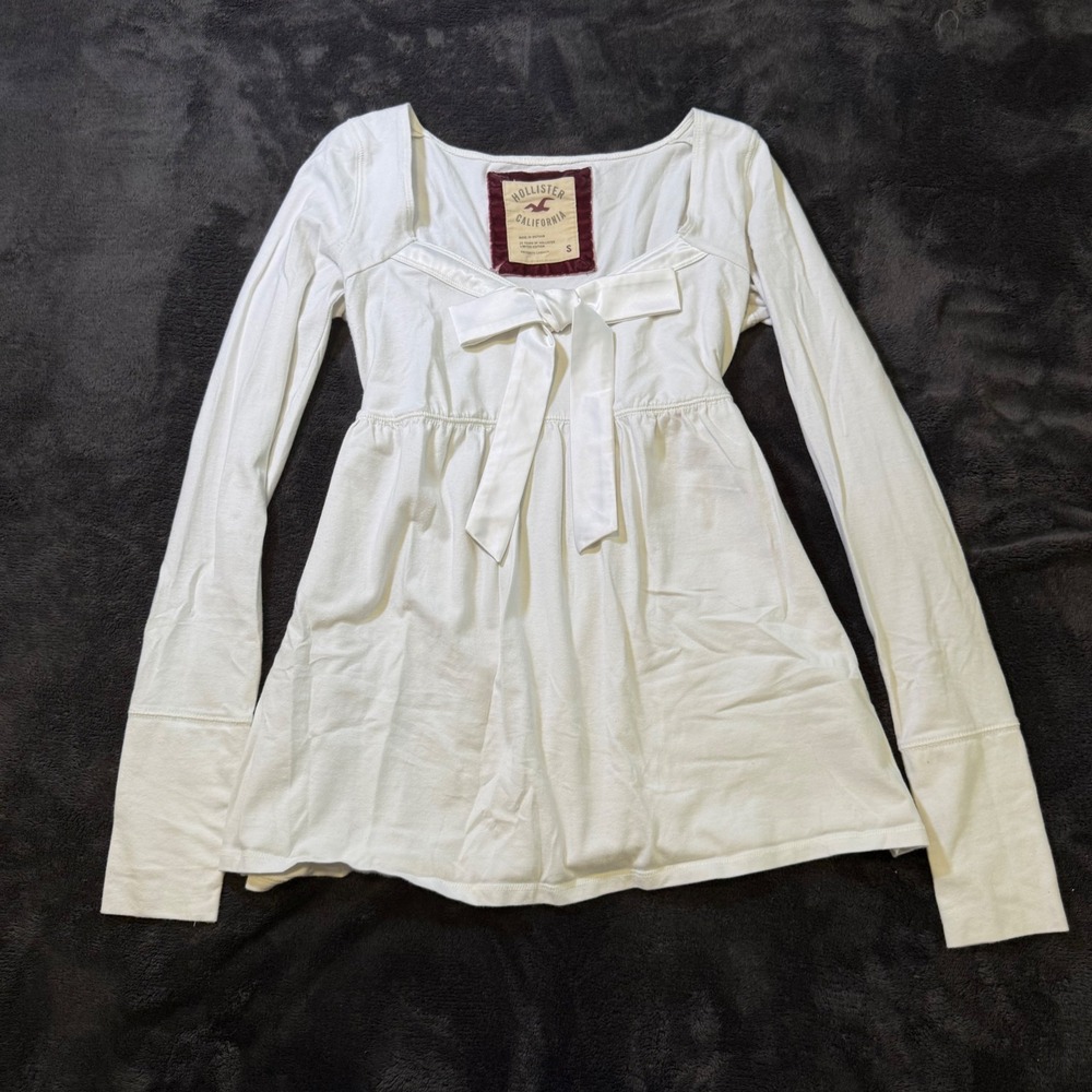 Hollister White Long Sleeve Babydoll Top Satin Bow Coquette Y2K Small